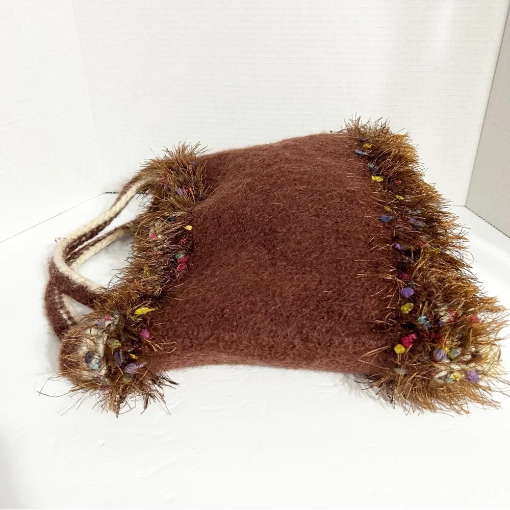 Unbranded Handcrafted Multi Yarn Types Knit Tote Fuzzy Trim Around Top Boil Wool